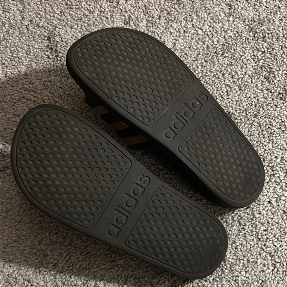 adidas Black Slide Sandals with Metallic Gold Stripes
